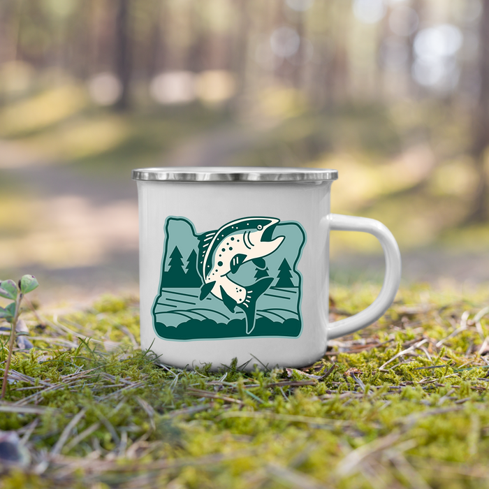 Oregon Elements Salmon, Enamel Mug, 12oz | Patchmarks Oregon State Parks